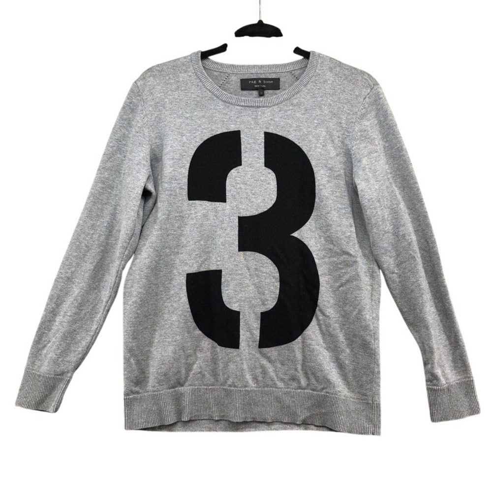 Rag & Bone Sweater Womens Medium Gray Graphic Number 3 Cotton Pullover Crewneck